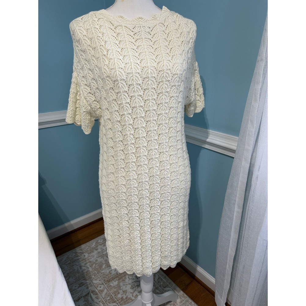 A New Day Cream‎ Pointelle Knit Mini Dress Short Sleeve XS Scalloped Shift